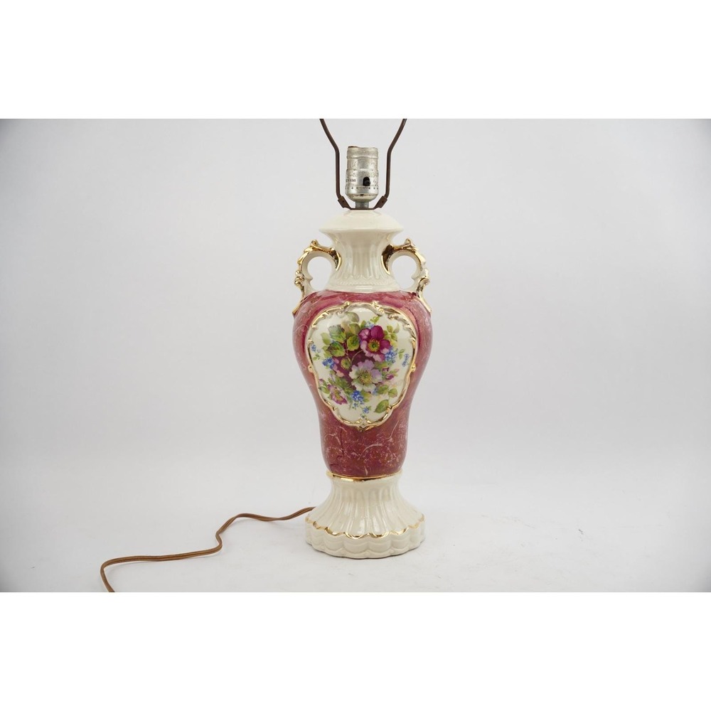 Vintage Early 1950's  Handled Ceramic Shabby Chic Floral Lamp Red & White